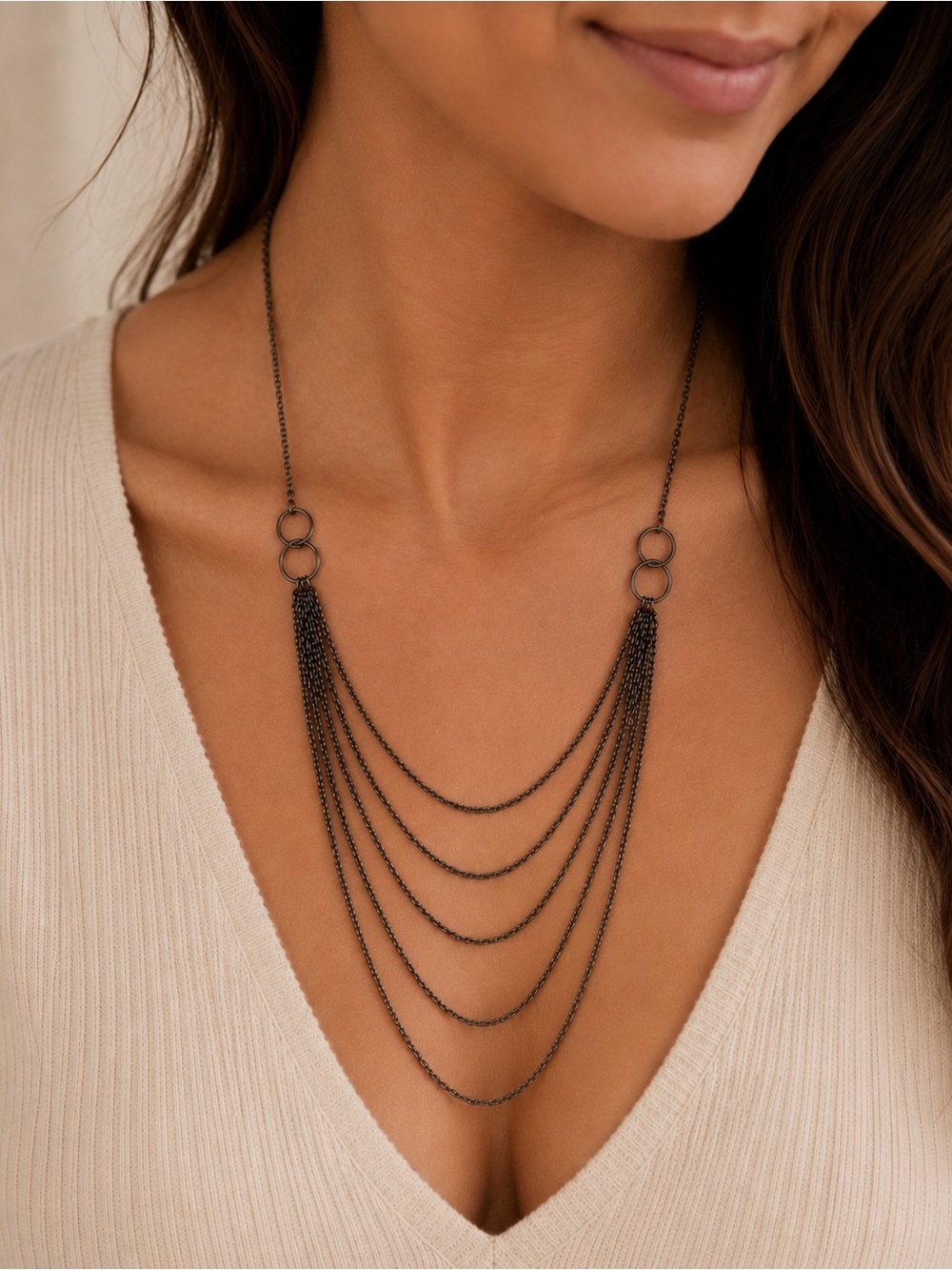 Layered Gunmetal Waterfall Chain Statement Necklace